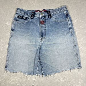 Vintage 90s Bum Equipment Denim Jean Blue Cargo Shorts Size 34W Custom Raw Hem